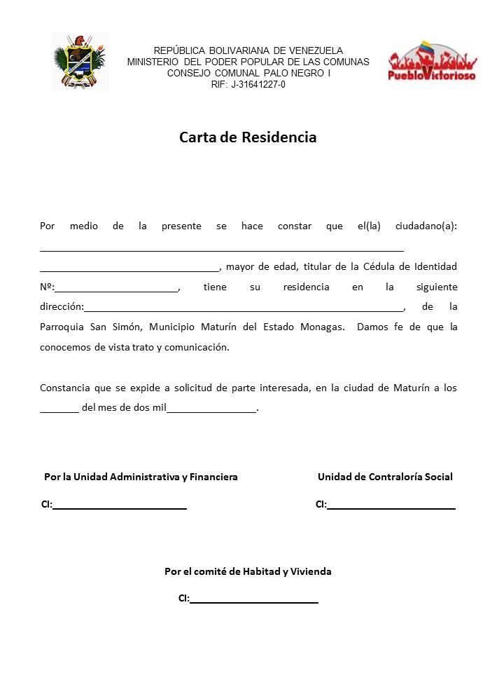 CARTA DE RESIDENCIA – CONSEJO COMUNAL PALO NEGRO I